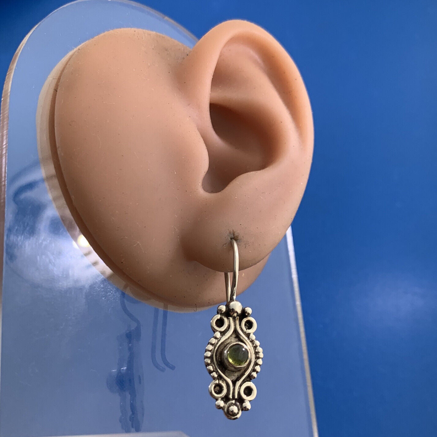 Estate 925 Sterling Silver Peridot Cabochon Bead & Scroll Dangle Earrings