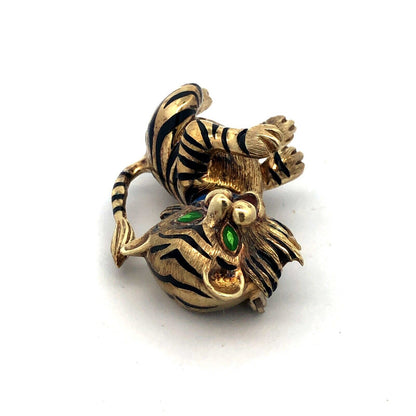 Vintage Martine 14k Yellow Gold Enamel Tiger Cat Brooch Pin Pendant