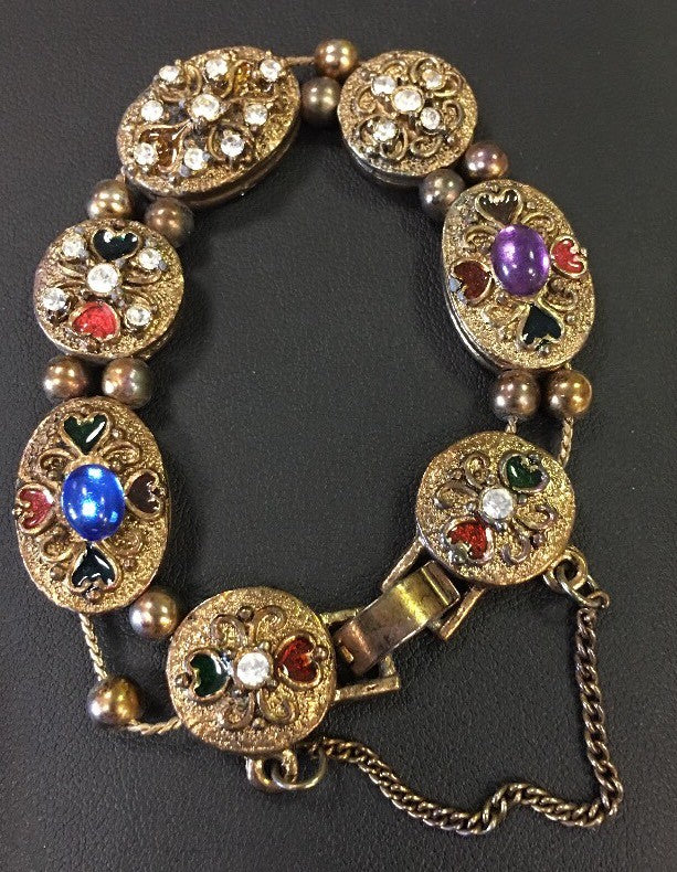Vintage Fashion Gold Tone Multi Stone Hearts Statement Slide Charm Bracelet