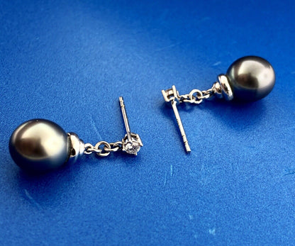 Stunning 14K White Gold Black Pearl Diamond Dangle Drop Earrings
