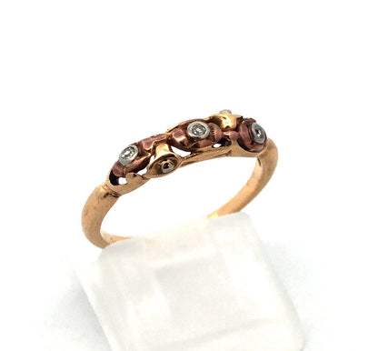 Vintage 14K Yellow Rose Gold Diamond Flower Textured Band Ring