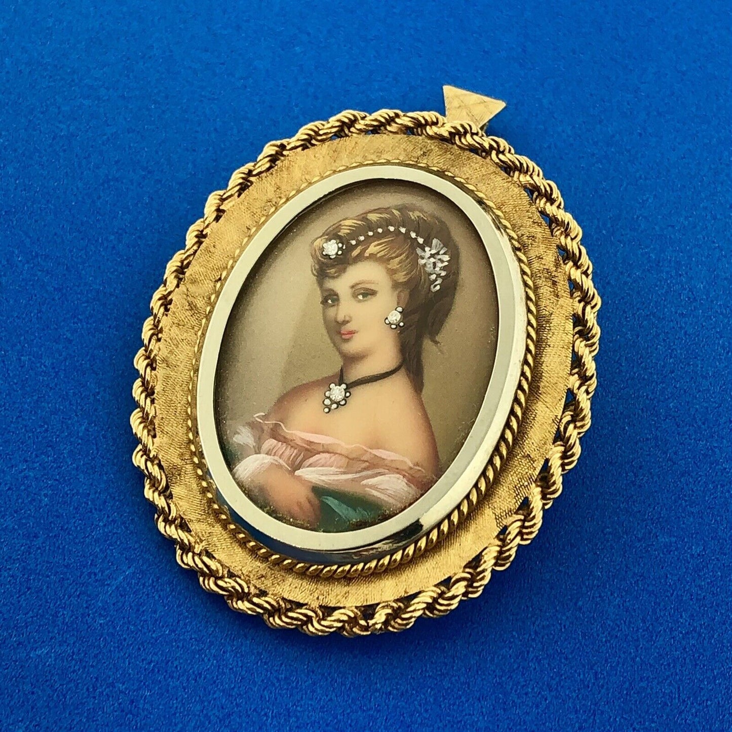 Vintage FJE Italy 18k Yellow Gold Diamond Hand Painted Portrait Brooch Pendant