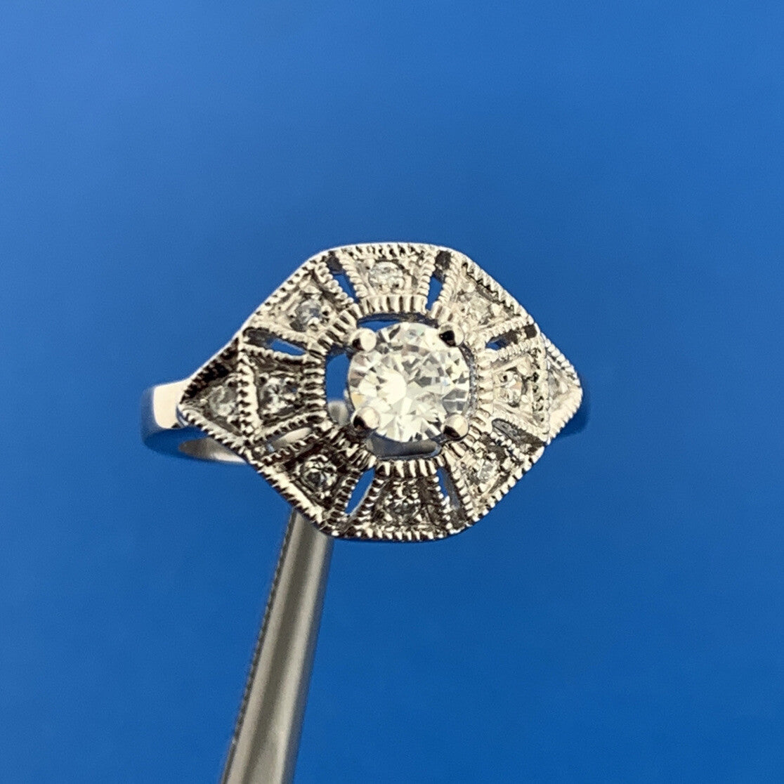 Designer Art Deco Style Sterling Silver Cubic Zirconia Statement Cocktail Ring