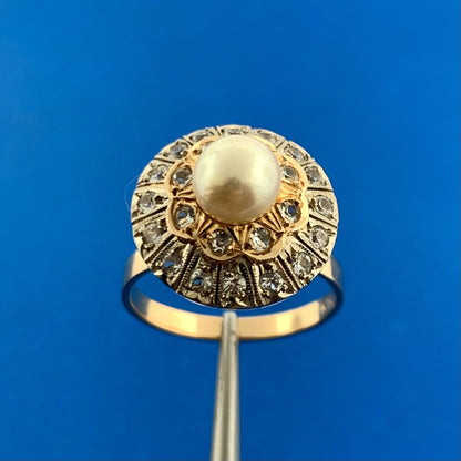 Vintage 18K Yellow White Gold Pearl White Amethyst Double Halo Tiered Ring