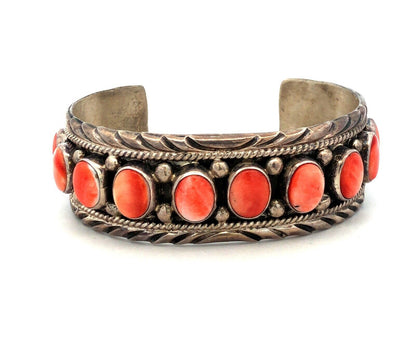 Charlene Yazzie Navajo 925 Sterling Silver Oval Spiny Oyster Open Cuff Bracelet