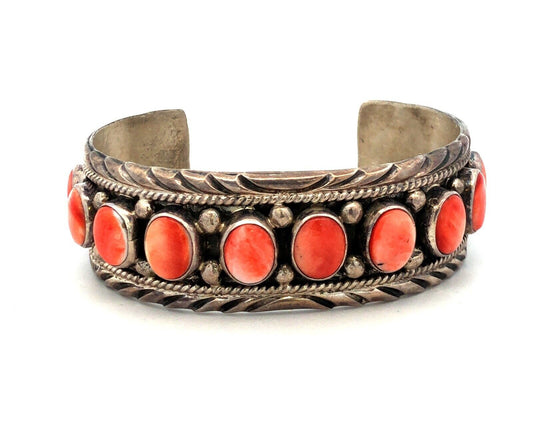 Charlene Yazzie Navajo 925 Sterling Silver Oval Spiny Oyster Open Cuff Bracelet