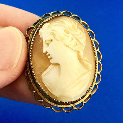 Vintage AMCO 14K Yellow Gold Filled Carved Shell Cameo Ornate Pin Brooch Pendant