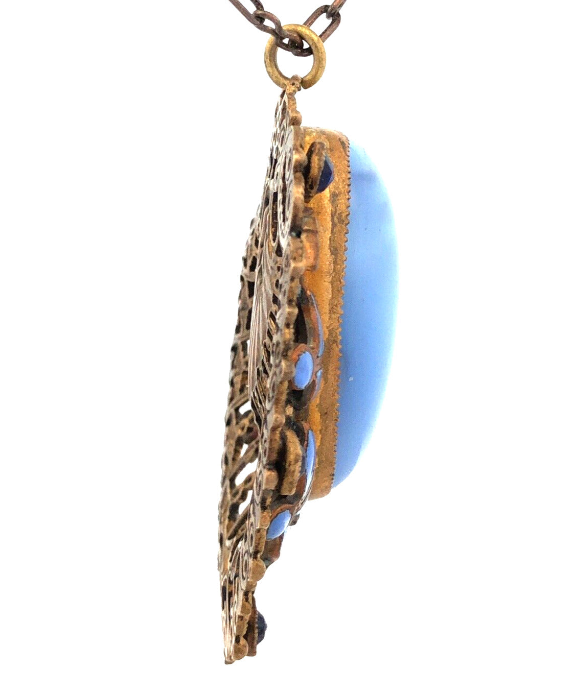 Vintage Bronze Toned Blue Enamel Rhinestone Glass Filigree Pendant Necklace