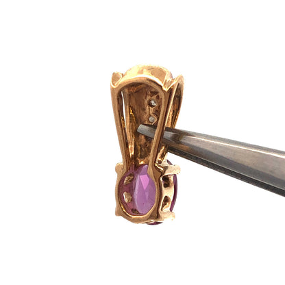 14K Yellow Gold Oval Pink Sapphire Diamond Accent Petite Drop Dangle Pendant