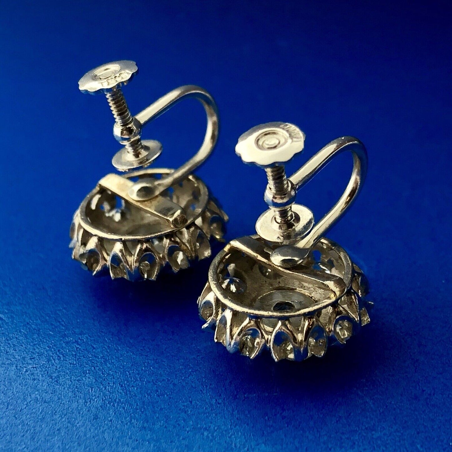 Art Deco Art Nouveau 14K White Gold Diamond Floral Starburst Screw Back Earrings