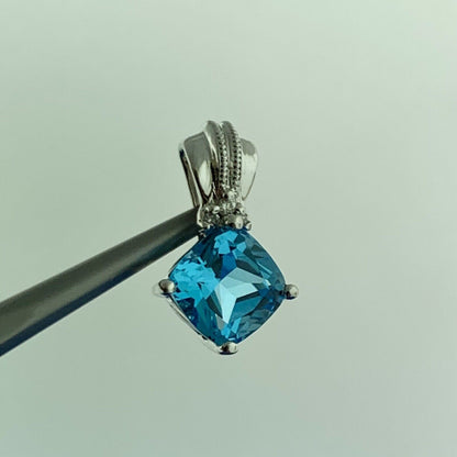 Designer 10K White Gold Blue Topaz Diamond Accented December Occasion Pendant