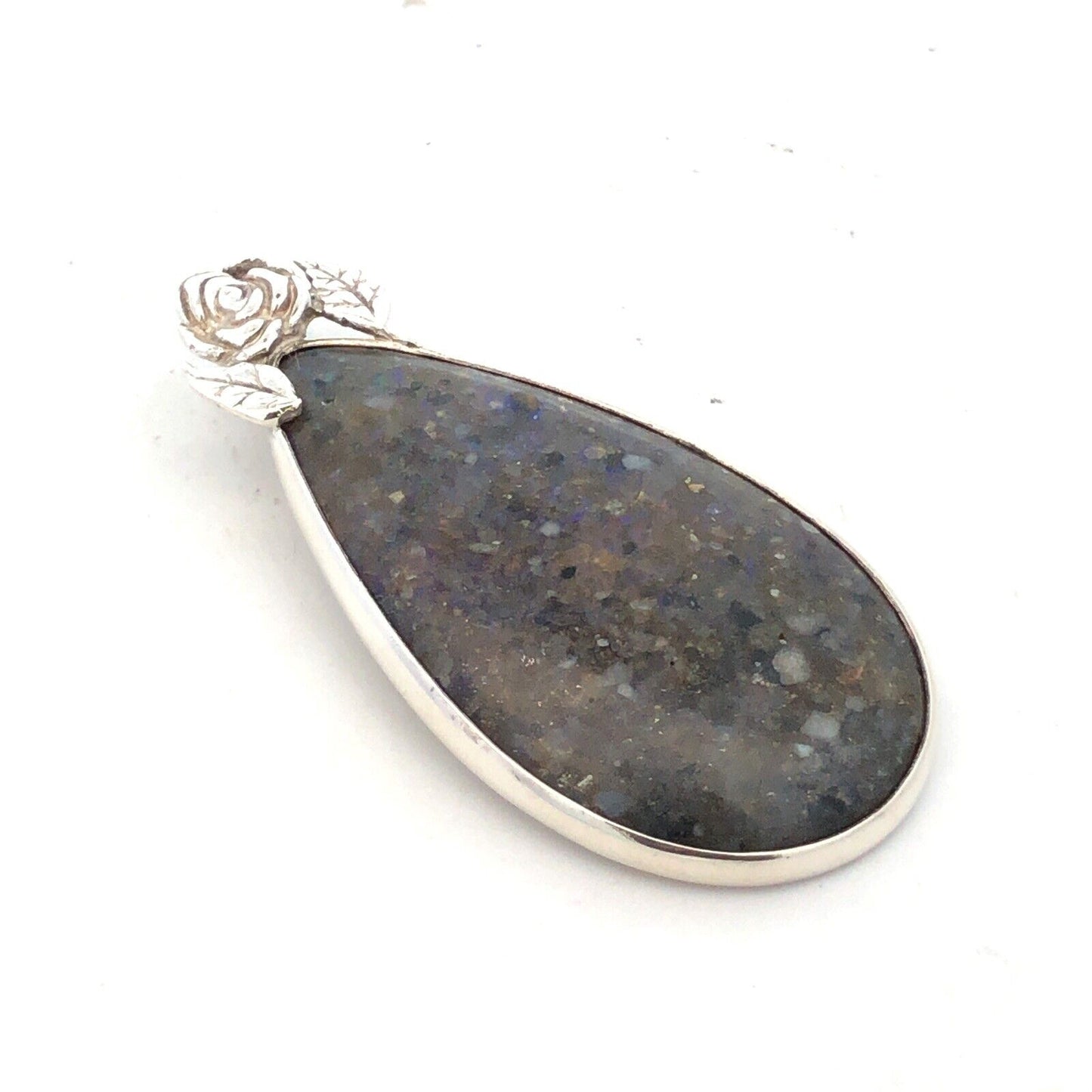 Vintage 925 Sterling Silver Pear Black Opal Flower Detail Statement Pendant