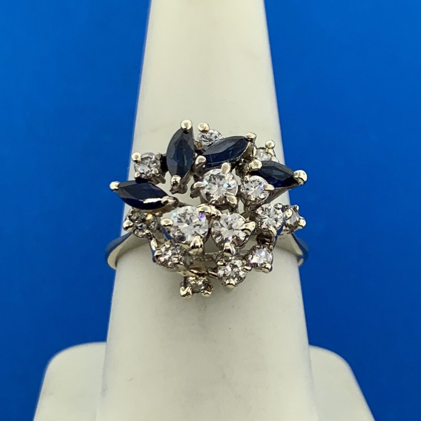 14K White Gold Diamond Sapphire Cluster Statement Anniversary Cocktail Ring