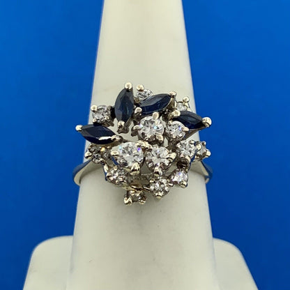 14K White Gold Diamond Sapphire Cluster Statement Anniversary Cocktail Ring