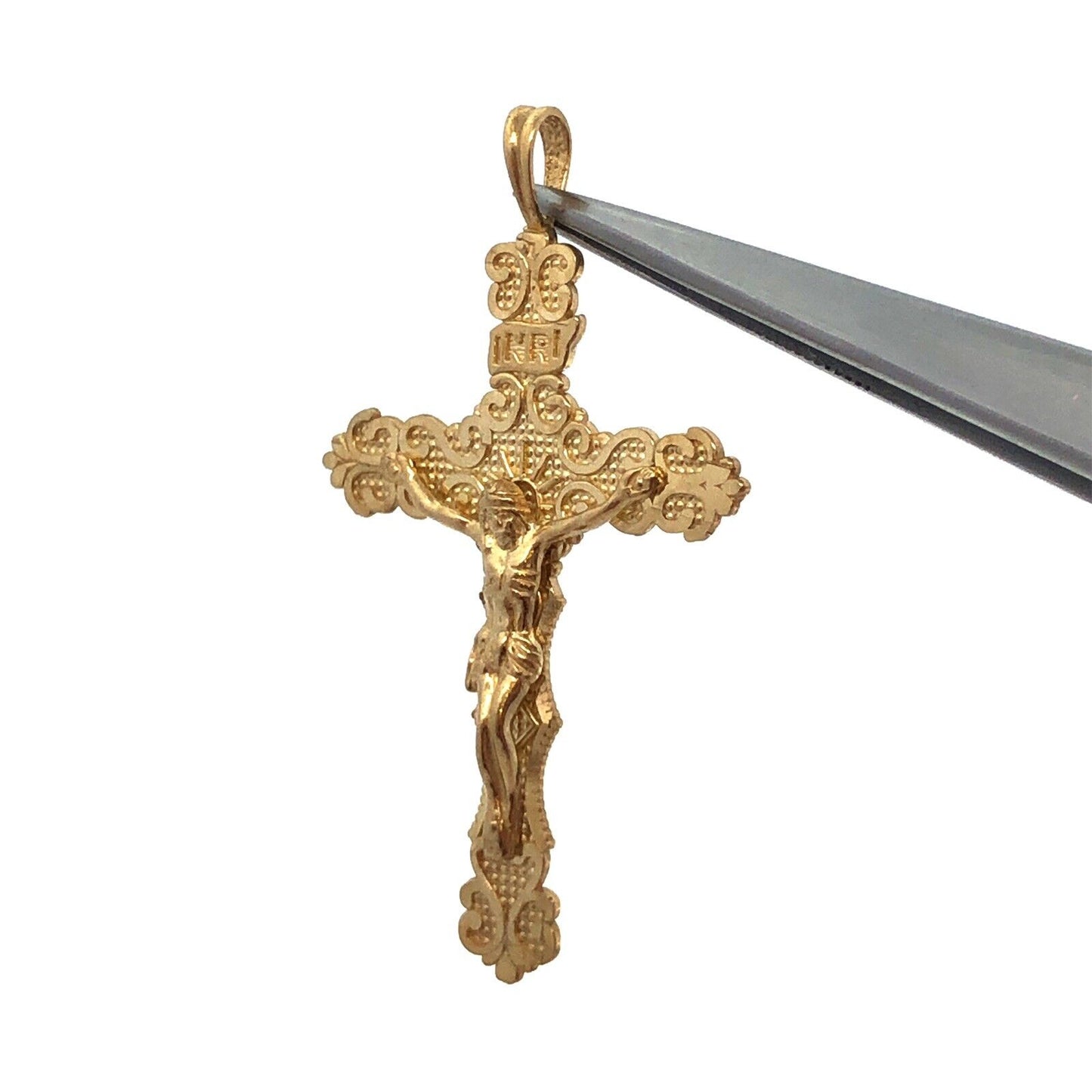 Designer 10K Yellow Gold Textured Crucifix Cross Religious Statement Pendant