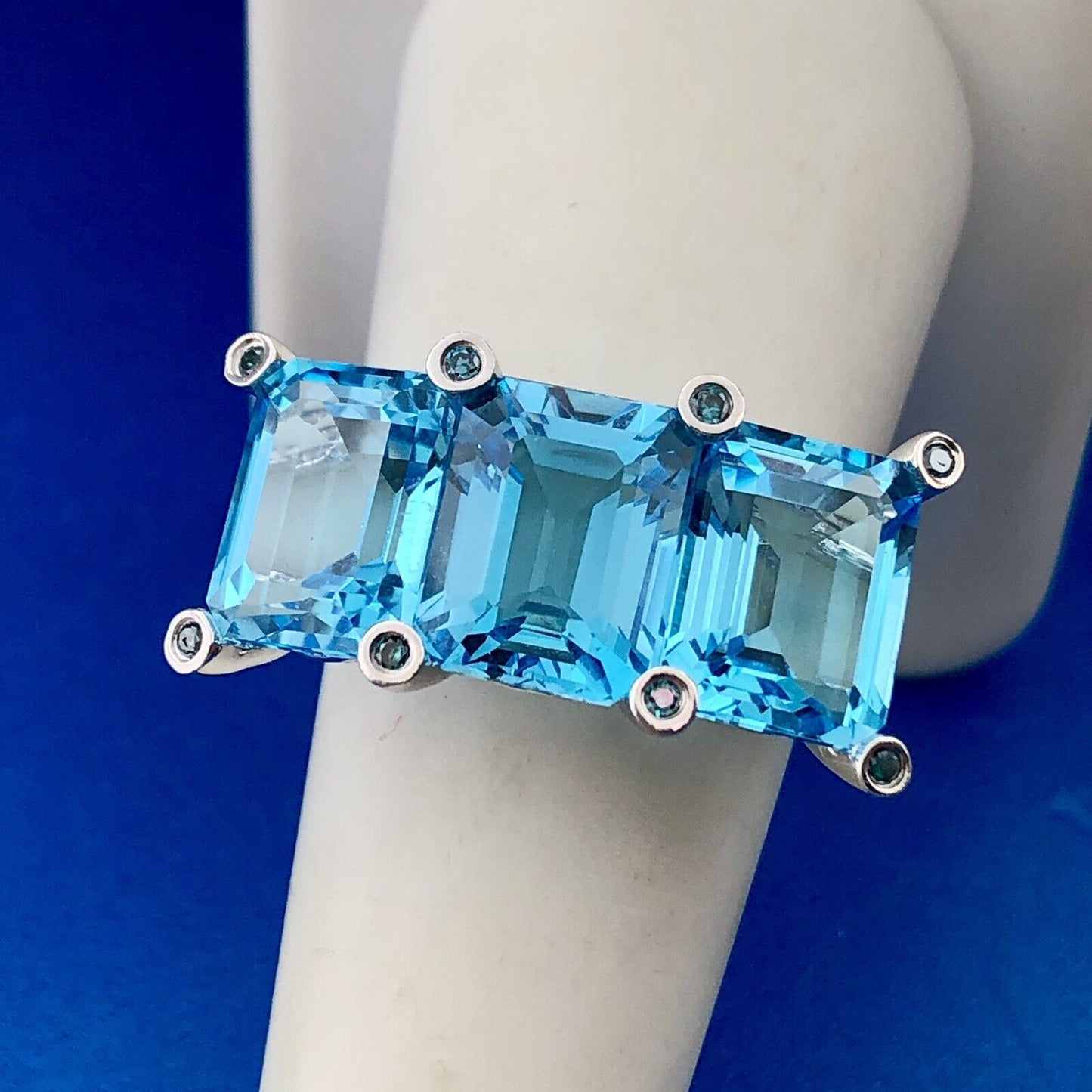 14K White Gold Emerald Cut Swiss Blue Topaz Blue Diamond Accent Size 8 Ring