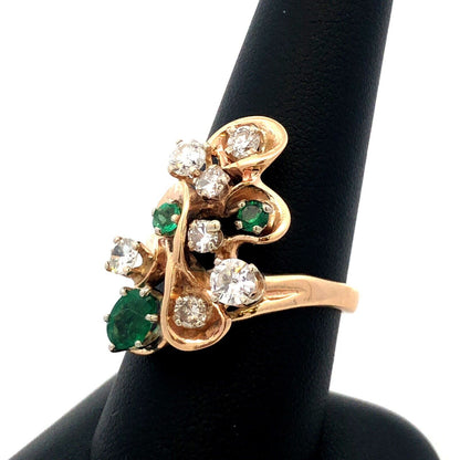 Estate 14K Yellow Gold Round Diamond Emerald Swirl Modernist Cluster Ring