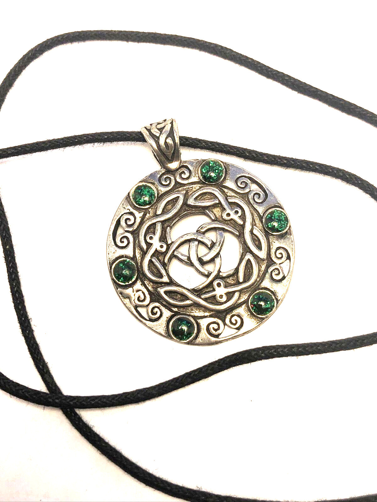 Silver Tone Celtic Knot Green Enamel Round Pendant Cord Statement Necklace