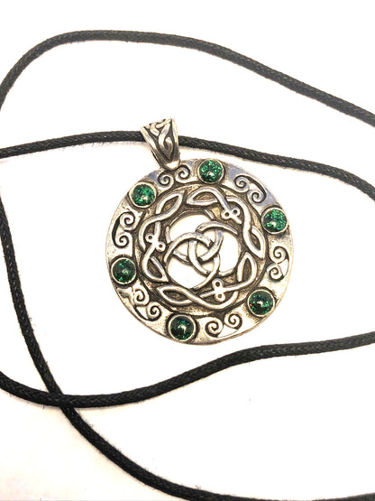 Silver Tone Celtic Knot Green Enamel Round Pendant Cord Statement Necklace