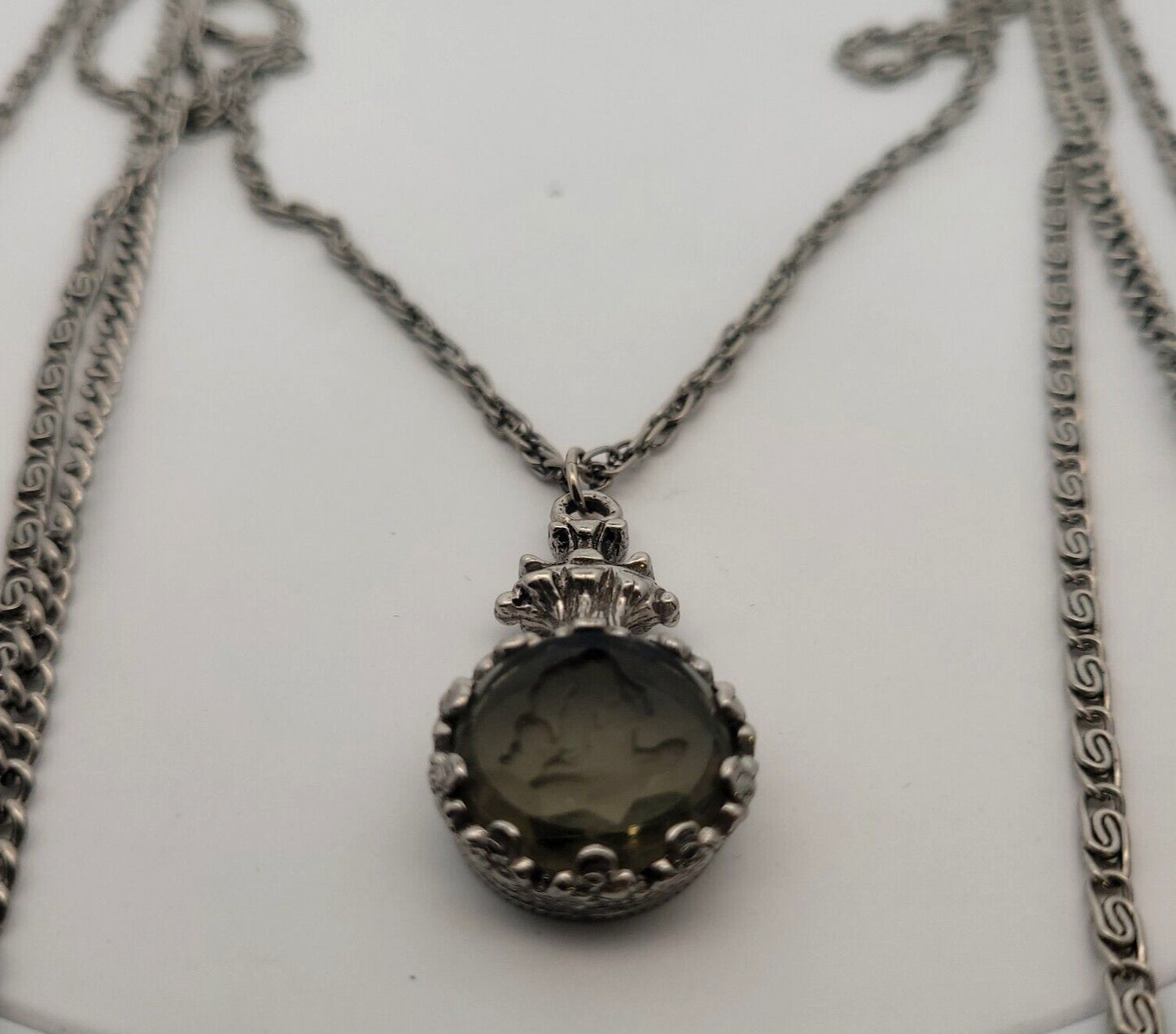1960'S Goldette Silver Tone Smoky Glass Incused Cameo Layered Chain Necklace