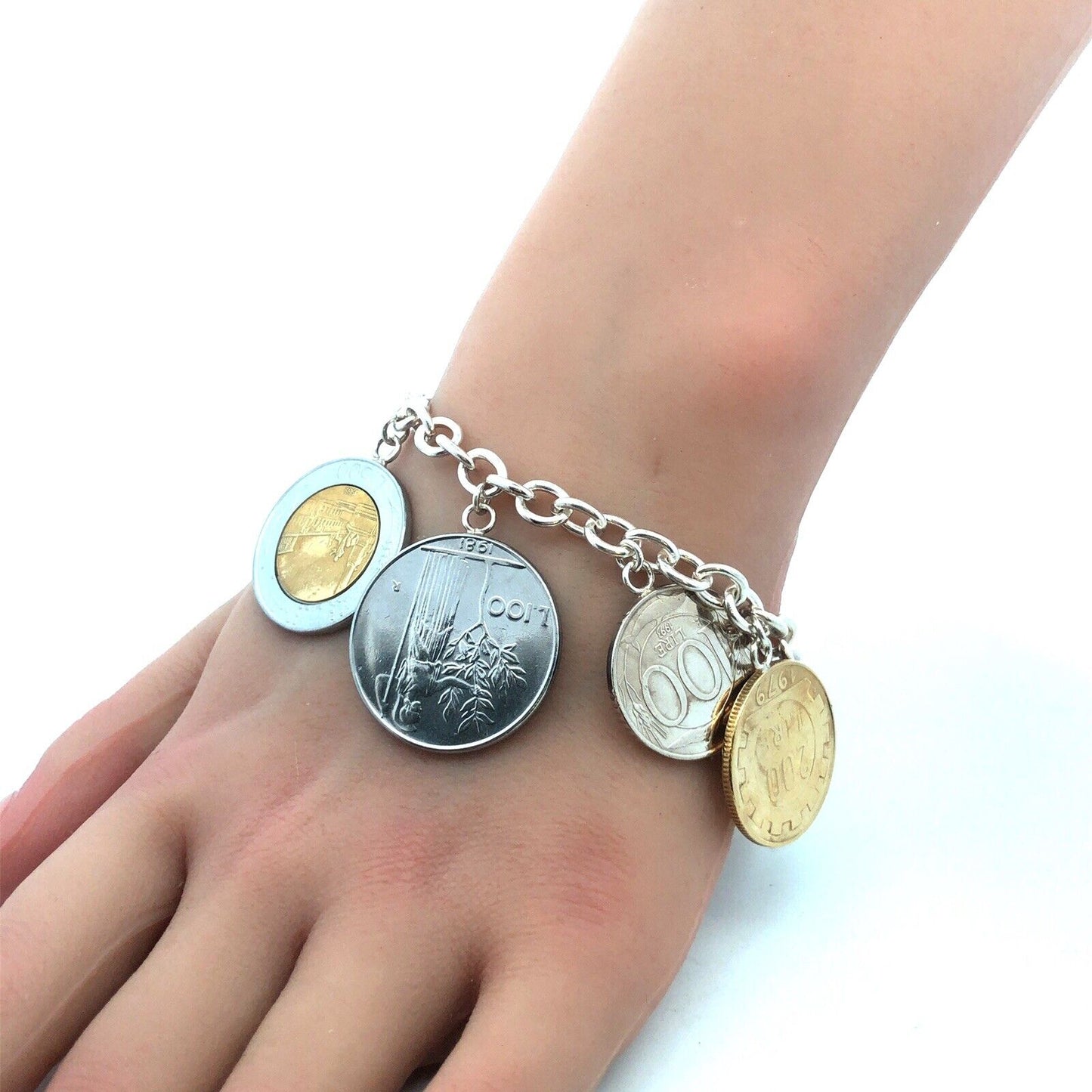 Milor Italy 925 Sterling Silver Italian Currency Lire Coin Charm Bracelet