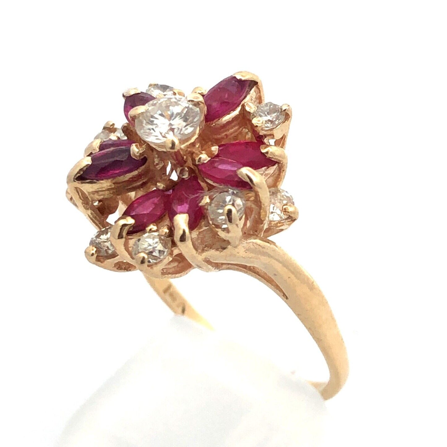 Vintage 14K Yellow Gold Round Diamond Marquise Lab Created Ruby Cocktail Ring