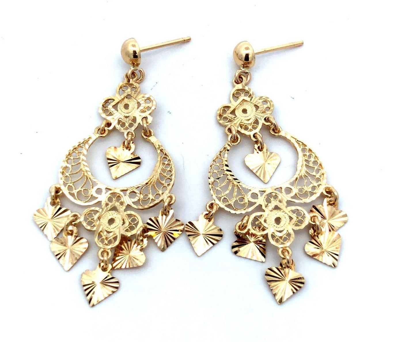 Designer 14K Yellow Gold Filigree Textured Statement Chandelier Dangle Earrings