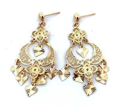Designer 14K Yellow Gold Filigree Textured Statement Chandelier Dangle Earrings