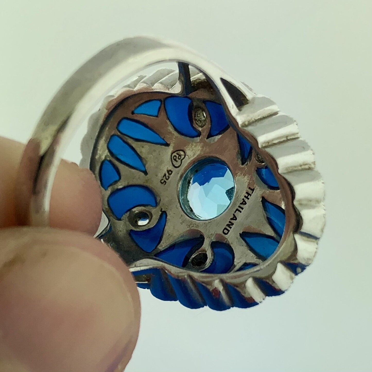 Designer Pd 925 Sterling Silver Blue Topaz White Amethyst Enamel Statement Ring