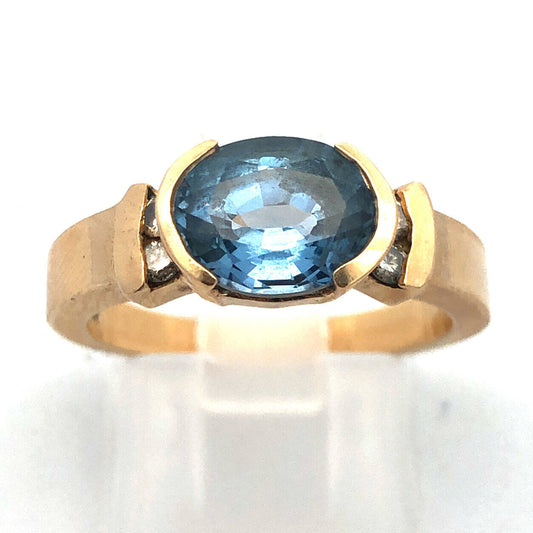 Estate Designer 14K Yellow Gold Oval Blue Topaz Diamond Accented Cocktail Ring