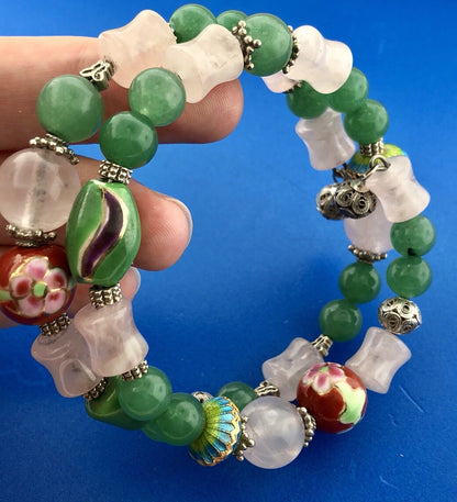 Sterling Silver Green Lavender Jade Ceramic Cloisonne Bead Three Wrap Bracelet