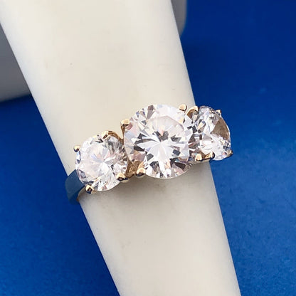 Stunning 14K Yellow Gold Cubic Zirconia CZ Round Trio Statement Engagement Ring