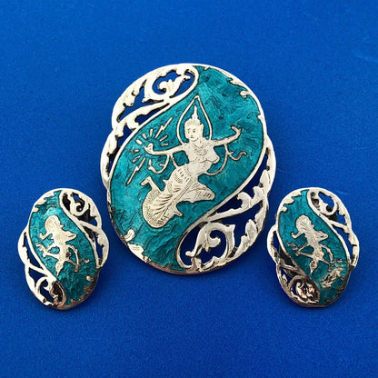 Antique Siam 925 Sterling Silver Aqua Enamel Nielloware Brooch Clip Earrings Set