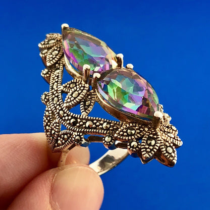 Designer BBJ Sterling Silver 925 Mystic Topaz Marcasite Statement Finger Ring