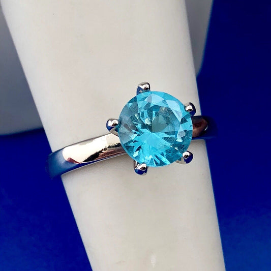 Stunning 925 Sterling Silver Aqua Blue Cubic Zirconia Solitaire Promise Ring