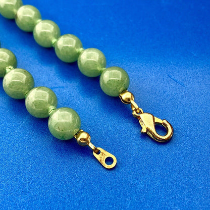 Vintage Gold Tone Hand Knotted Green Jade Jadeite Large Bead Necklace