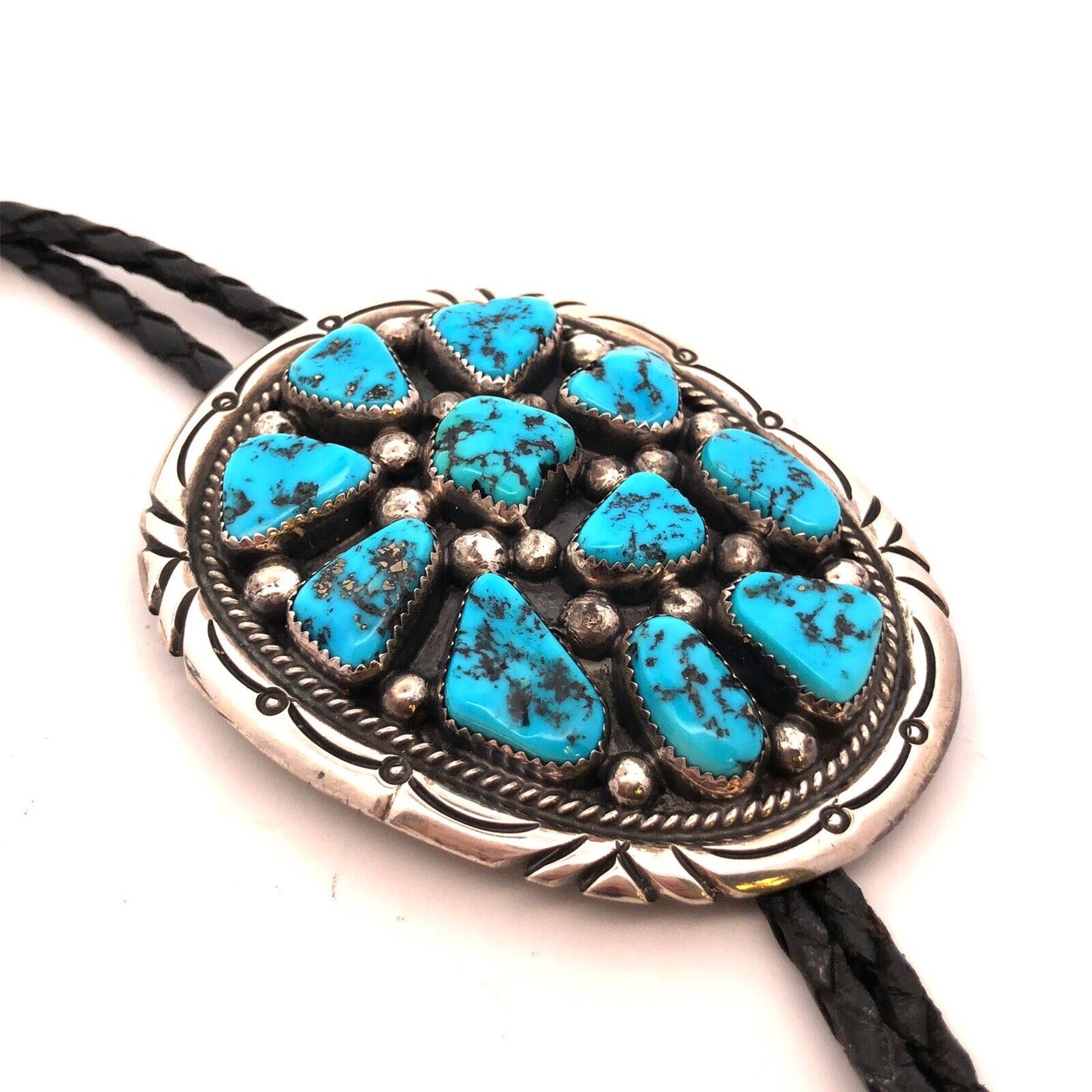 Tommy Moore Navajo Sterling Silver Turquoise Black Leather Bolo Lariat Necklace