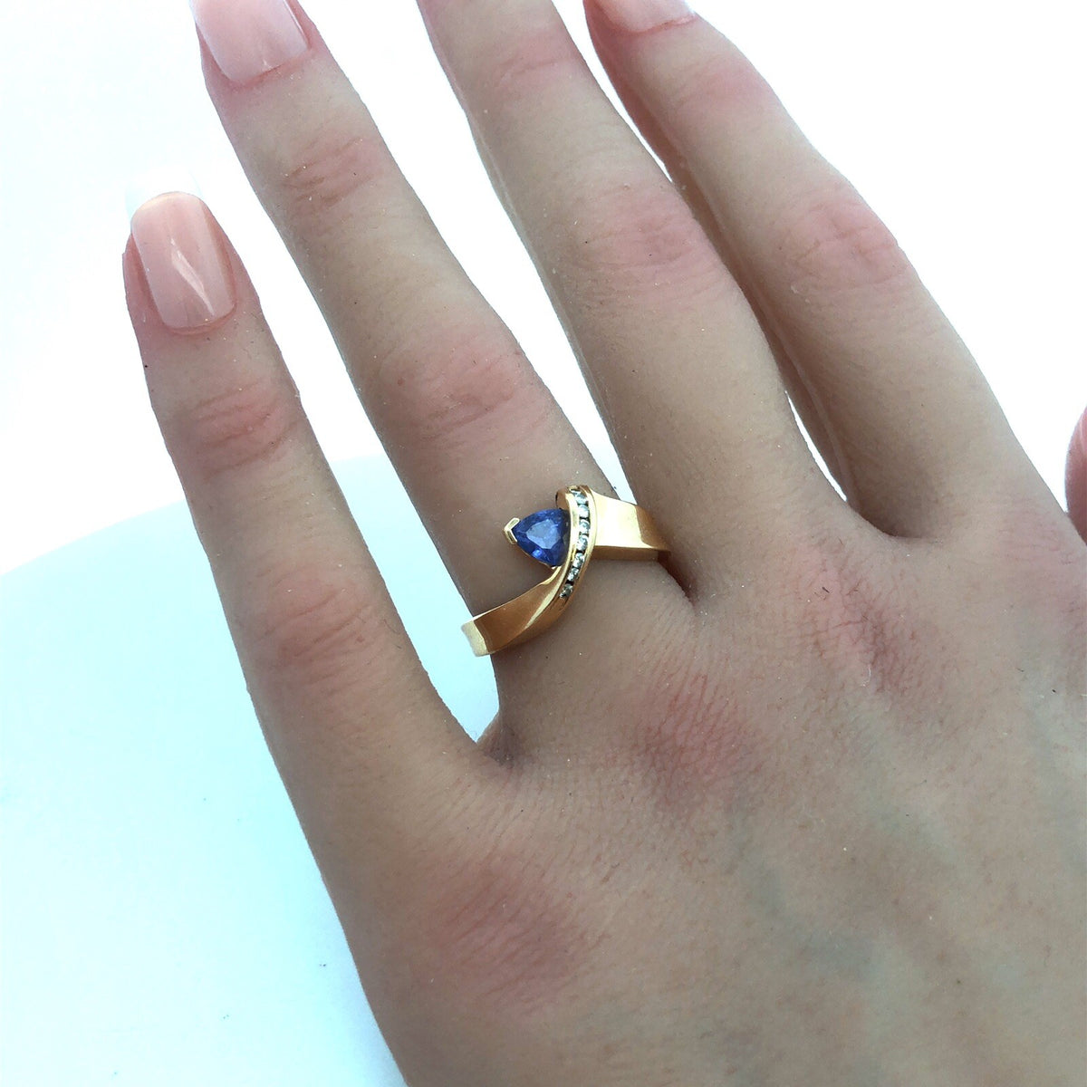 14k Yellow Gold Trillion Tanzanite Diamond Modernist Bypass Cocktail Ring
