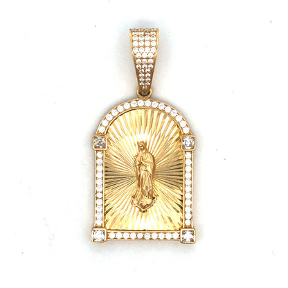 Custom 10K Yellow Gold Cut Cubic Zirconia Madonna Religious Statement Pendant