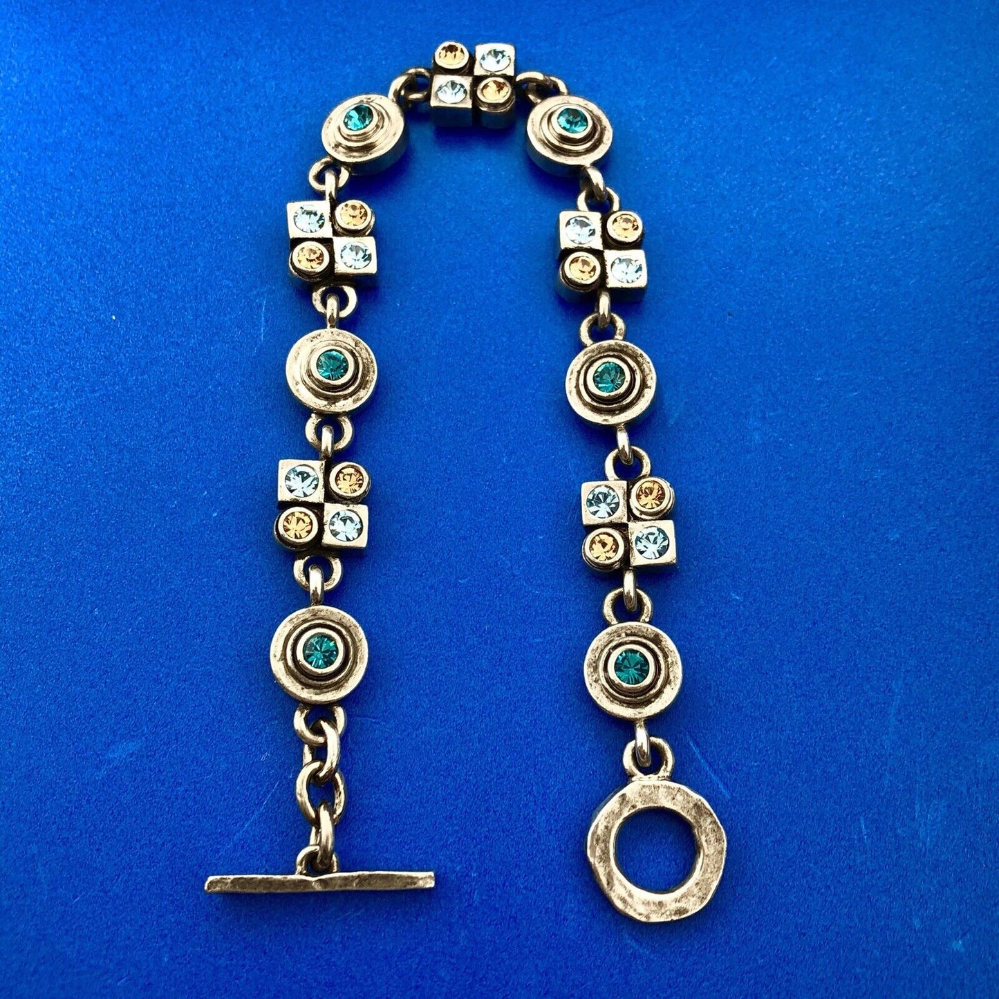 Designer M4M Silver Tone Blue Brown Swarvoski Crystal X O Toggle Bracelet