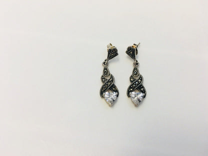 Sterling Silver 925 Marcasite Twist CZ Heart Drop Dangle Earrings