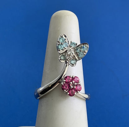 Designer Sterling Silver Pink Blue Cubic Zirconia Butterfly Flower Bypass Ring
