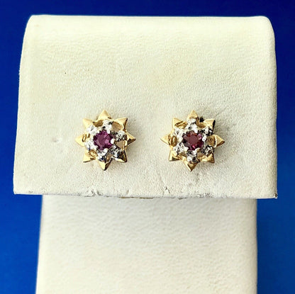 Retro 14K Yellow White Gold Ruby Starburst July Anniversary Stud Earrings