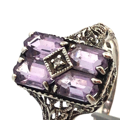 Designer CNA 925 Sterling Silver Amethyst Diamond Filigree Detail Rectangle Ring