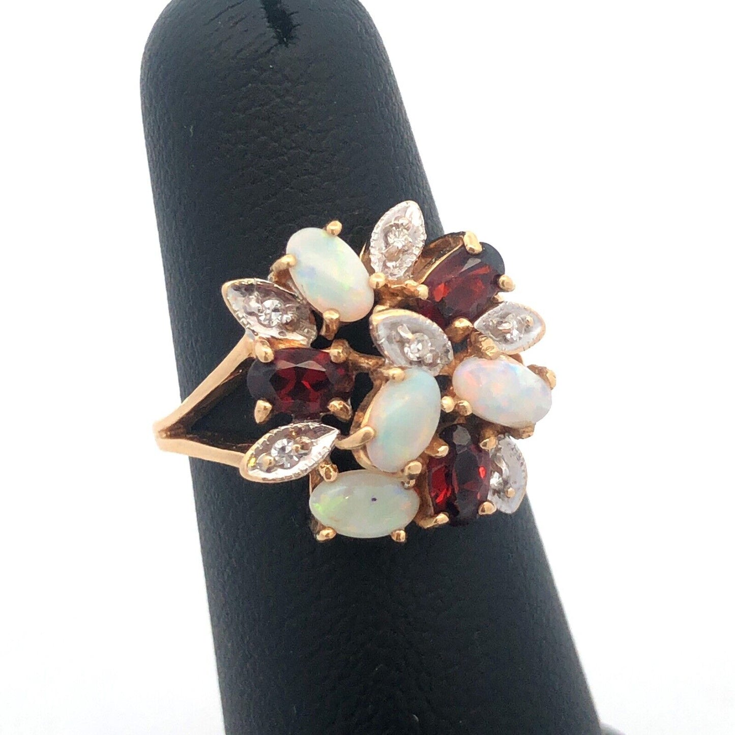 Vintage 14K Yellow Gold Opal Garnet Diamond Floral Cluster Anniversary Ring