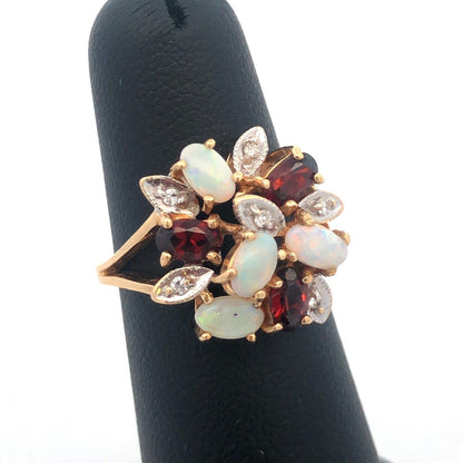Vintage 14K Yellow Gold Opal Garnet Diamond Floral Cluster Anniversary Ring