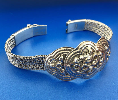 Great Designer Sterling Silver 925 Floral Scroll Wheat Mesh Concho Dome Bracelet