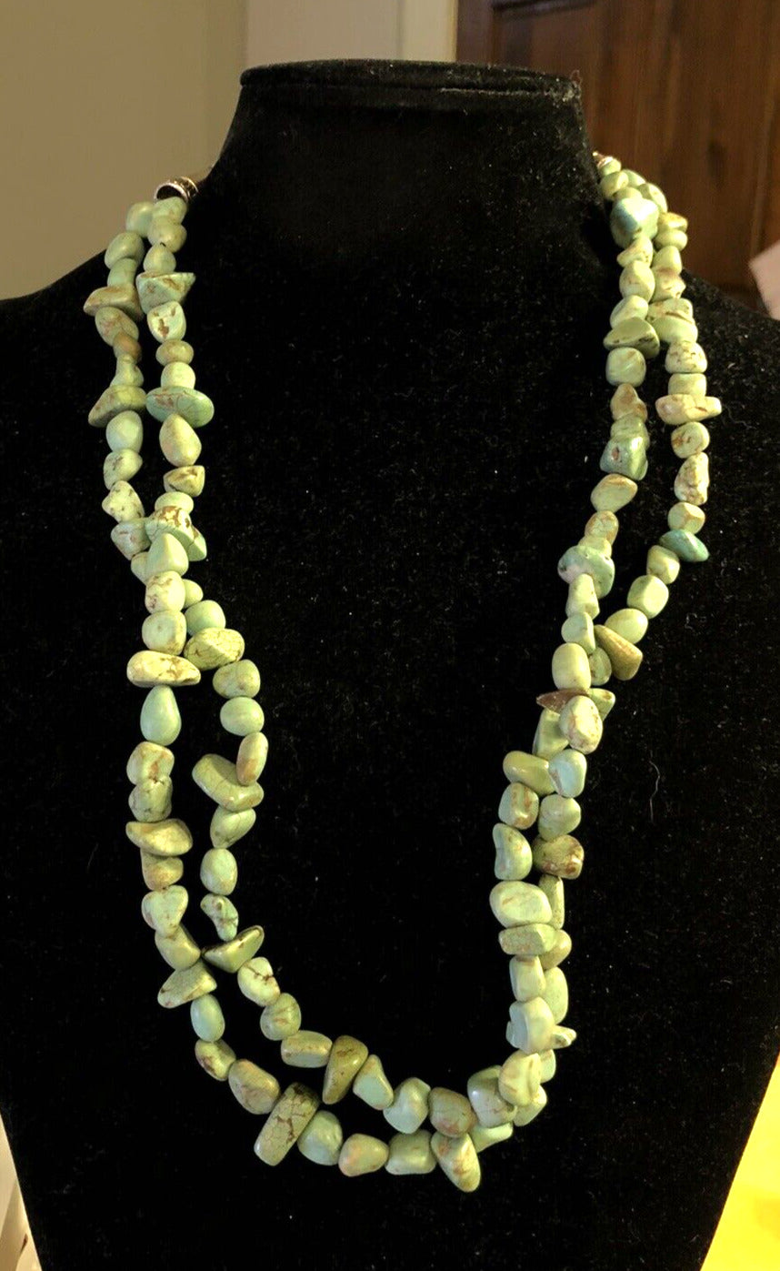 Vintage Silver Tone Green Turquoise Beaded Double Strand Statement Necklace