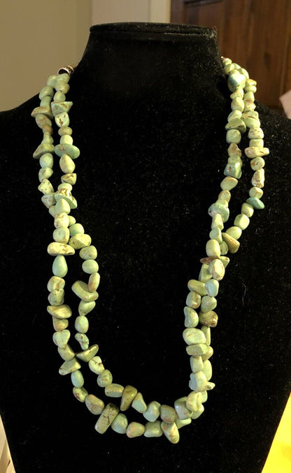 Vintage Silver Tone Green Turquoise Beaded Double Strand Statement Necklace