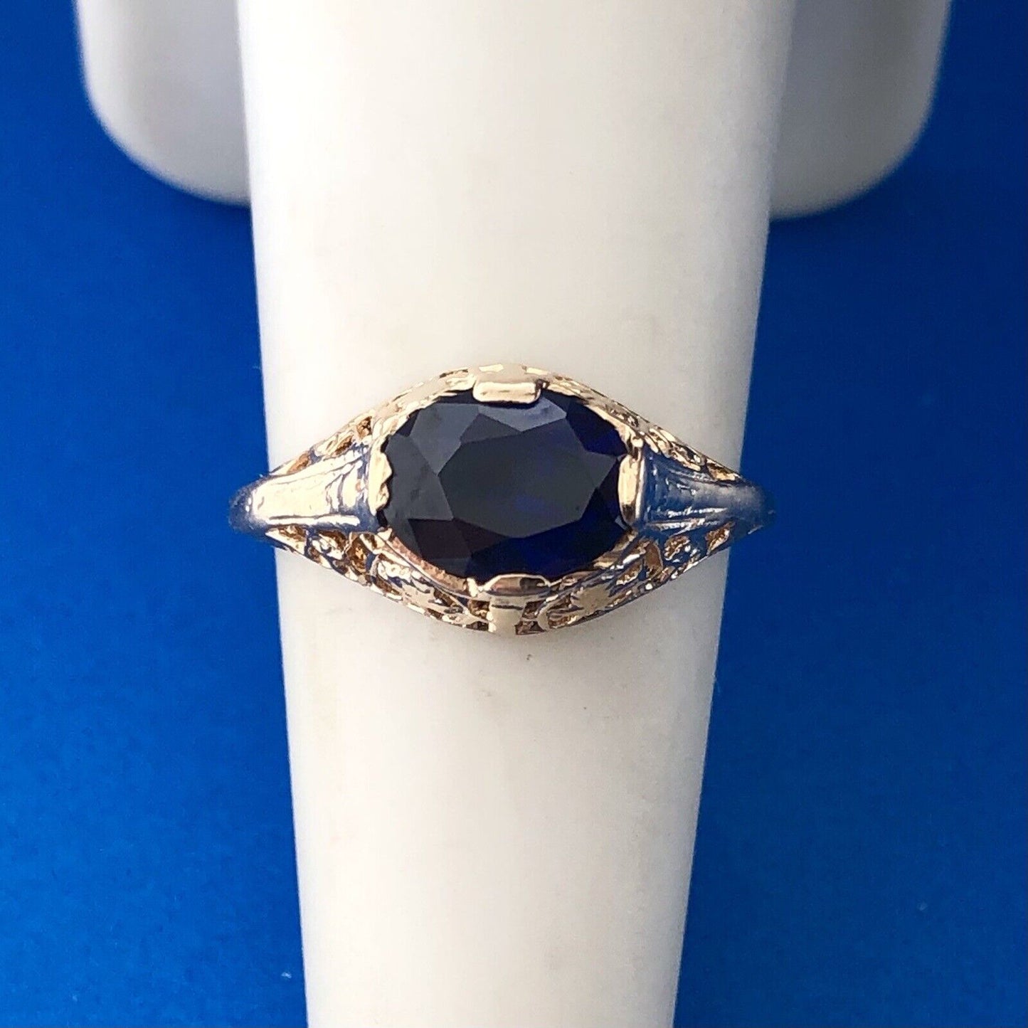 Mid Century 14K Yellow Gold Oval Blue Sapphire Solitaire Filigree Cocktail Ring